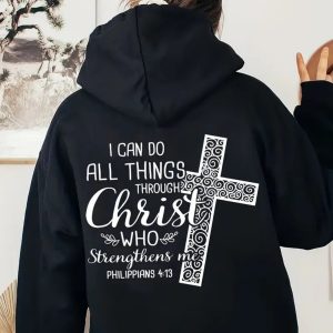 Women'S Hooded Sweatshirt - Black Religious Inspirational Lettering & Cross Design, Soft Pullover Hoodie with Adjustable Drawstring Hood, Front Pocket - Machine Washable Winter Sweater for Everyday Christian Faith-Based Apparel, Autumn Casual Wear, Comfortable Clothing, Geometric Pattern, Durable Fabric, Faith Wear, Cozy Material, Faith Community