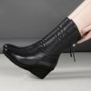 Women’s Black Mid-Calf Boots with Adjustable Ankle Strap & Back Zipper – Faux Cover Slope Heel, Round Toe Comfortable Winter Boots for Casual & Formal Outfits, Formal Footwear, Sleek Boot Design, Durable Pu Sole, Sturdy Construction, Office Wear