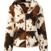 Women’S Cozy Cow Print Hooded Jacket – Plush Long Sleeve Teddy Bear Coat with Front Zipper, Brown & White Geometric Pattern, Warm Winter Casual Outerwear for Fallu002FWinter, Winter Jacket, Autumn Fashion, Plush Texture