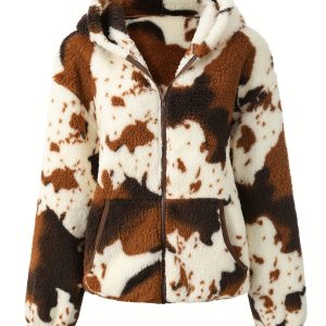 Women'S Cozy Cow Print Hooded Jacket - Plush Long Sleeve Teddy Bear Coat with Front Zipper, Brown & White Geometric Pattern, Warm Winter Casual Outerwear for Fallu002FWinter, Winter Jacket, Autumn Fashion, Plush Texture