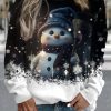 Women’S Cozy Winter Snowman Print Sweatshirt – Cute Snowman & Snowflake Design with Black & White Contrast Collar, Christma Snowman T Shirt, Christmas Sweater For Women, Christmas Sweatshirt For Women, Fall Sweatshirt For Women, Fall Clothe For Women