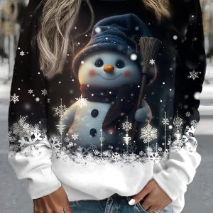 Women'S Cozy Winter Snowman Print Sweatshirt - Cute Snowman & Snowflake Design with Black & White Contrast Collar, Christma Snowman T Shirt, Christmas Sweater For Women, Christmas Sweatshirt For Women, Fall Sweatshirt For Women, Fall Clothe For Women