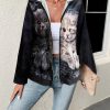 Women’S Casual Hooded Jacket with Cute Kitten Print, Polyester Knit Fabric, Animal Pattern, Zipper Detail, for All-Season Long Sleeve Outerwear