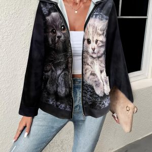 Women'S Casual Hooded Jacket with Cute Kitten Print, Polyester Knit Fabric, Animal Pattern, Zipper Detail, for All-Season Long Sleeve Outerwear