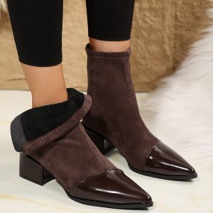 Women'S Chunky Low Heel Pointed Toe Ankle Boots with Back Zipper Closure - Comfortable Round Lining & Cushioned Insole, Slip-Resistant Rubber Sole, Soft Fabric Upper (Brown) - Versatile for Daily Wear, Parties, Commuting - Easy Onu002FOff & Durable Desi