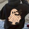 360G Hooded Sweatshirt, Checkered Ghost And Bat Print Women’S Hooded Sweatshirt Loose Fit, Classic Round Neck, with Kangaroo Pocket And Drawstring, Perfect for Casual And Daily Wear