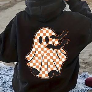 360G Hooded Sweatshirt, Checkered Ghost And Bat Print Women'S Hooded Sweatshirt Loose Fit, Classic Round Neck, with Kangaroo Pocket And Drawstring, Perfect for Casual And Daily Wear