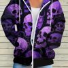 2025 New Women’s Gothic Streetwear Zip-Up Hooded Jacket with Skull Print, All-Season Machine Washable Unisex Coat, Durable Zipper Closure & Full-Body Graphic Design