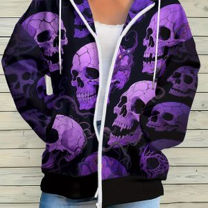 2025 New Women's Gothic Streetwear Zip-Up Hooded Jacket with Skull Print, All-Season Machine Washable Unisex Coat, Durable Zipper Closure & Full-Body Graphic Design