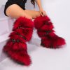 Women’S Red Faux Fur Ankle Boots with Black Chain Straps – Cozy Winter Boots, Slip-On Round Toe Design, Flat Heel, TPR Sole, Hand Washable, Winter Boots