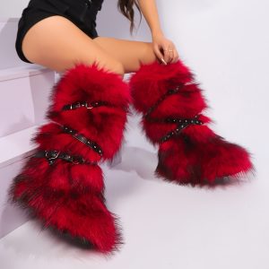 Women'S Red Faux Fur Ankle Boots with Black Chain Straps - Cozy Winter Boots, Slip-On Round Toe Design, Flat Heel, TPR Sole, Hand Washable, Winter Boots