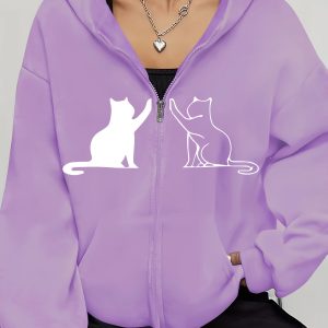 Women'S Playful Black Cat Print Hoodie - Long Sleeve, Zip-Up Casual Jacket with Rib-Knit Details, Stretchy Polyester Fabric, All-Season Wear, Cat Hoodie