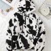 Women’S Plush Teddy Hoodie with Geometric Pattern – Long Sleeve, Zip-Up, Half-Zip, Cozy Fleece-Lined Jacket in Black & White, Perfect for Fallu002FWinter Casual Wear, Cozy Fall Wear | Geometric Pattern Hoodie | Soft Texture Hoodie