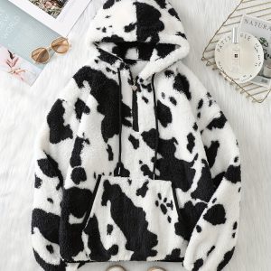 Women'S Plush Teddy Hoodie with Geometric Pattern - Long Sleeve, Zip-Up, Half-Zip, Cozy Fleece-Lined Jacket in Black & White, Perfect for Fallu002FWinter Casual Wear, Cozy Fall Wear | Geometric Pattern Hoodie | Soft Texture Hoodie