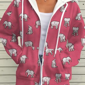 's Pink & Grey Elephant Print Hooded Jacket Coat with White Zipper - Full-Zip Front Closure Winter Warm Casual Outerwear, Cute Pink Elephant Pattern Blazer for Mature Ladies, Machine Washable Fall Winter Coat