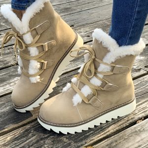 Women's Elegant Plush Lining Winter Boots - Thick Heel Mid-Calf Lace-Up Round Toe Boots with Faux Fur Collar, PU Cover-like Upper & Cushioned Insole, Warm Brownu002FTanu002FBlacku002FPinku002FBeige - Casual & Formal Winter Shoes, Hand Wash or Dry Clean, Western Style, Low Heel, Plush Lined Interior, Durable PU Sole, Versatile for Casual Attire & Semi-Formal Events, Boots For Women Winter, Wide Calf Boots For Women Plus Size, Cowgirl Boots, Knee High Boots For Women, Shoes For Women,