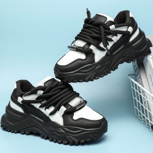 Men's Lightweight Durable Casual Sneakers - Breathable Sporty Design with PU Upper & MD Sole, Blacku002FWhite Contrast Lace-Up Shoes for Gym, Outdoor, Work, Parties - Retro Streetwear Style