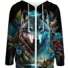 Women’S Wolf & Floral Print Zip-Up Hoodie – Stylish Long Sleeve Sweatshirt with Pockets, Machine Washable Polyester, Perfect for Fallu002FWinter Casual Wear, Autumn Winter Apparel | Natureinspired Design | Durable Casualwear, Cute Hoodies