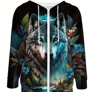 Women's Wolf Print Zip-Up Hoodie Jacket - Full-Body Wolf & Night Forest Design with Blue Eyes, Full-Zip Front Closure, Pockets, Machine Washable Polyester Sweatshirt for All-Season Casual Wear (Autumnu002FWinter) - Nature-Inspired Women's Outerwear