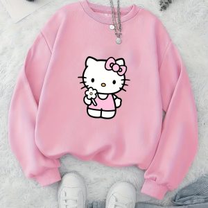 Sanrio for hello kitty Pink Crew Neck Sweatshirt - Cute Long Sleeve Pullover with Bow & Flower Design, Casual Women'S Top for Springu002FSummeru002FFall, Autumn Apparel | Playful Design | Polyester Fabric