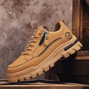 Men'S Low-Top Sneakers - Beigeu002FBlack Accent Lace-Up Shoes, Synthetic Upper & Cushioned EVA Insole, Non-Slip PVC Outsole for Gym, Office, Everyday - All-Season Casual Shoes for Men, Gym Footwear, Sleek Design, Durable Construction, Versatile Footwear, Active Lifestyle