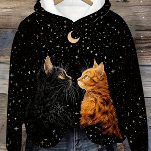 250gu002Fm All-Season Polyester Hooded Sweatshirt - Women's Casual Long Sleeve Pullover with Cute Cat Print - Starry Night Design