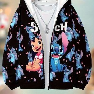 Women's Disney Stitch & Lilo Full-Zip Hoodie - Stitch Graphic with Hearts, Soft Zip-Up Jacket for Fallu002FWinter, Machine Washable Anime Sweatshirt for Fans, Birthdayu002FChristmas Gifts (Official Disney Character Apparel)