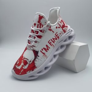 Men's Halloween Sneakers - Blood Splatter Skull Graphic, Non-Slip MD Sole, Lightweight Cushioned Shoes for Gym, Streetwear, Parties - Red & White Accents Gothic footwear (All-Season), Streetwear Fashion, Bold Print, Breathable Fabric, Laceup Trainers, Casual Wearers