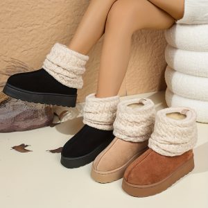 Women'S Cozy Slip-On Mid-Calf Boots with Thick Platform Sole, Round Toe & Knitted Cuff - Soft Fabric Upper, Faux Cover Sole, Beige, Brown, Black - Perfect for Winter Outdoor & Party Wear, Winter Boots, Party Footwear, Knitted Texture, Comfortable Fit