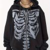 Y2K Gothic Hooded Sweatshirt with White Spine & Vertebrae Print – Black Oversized Pullover Sweater, Short Sleeve Collar, Machine Washable for Themed Parties, Casual Wear & Layered Outfits (Skeleton Design)