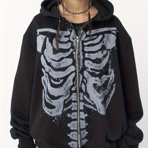 Y2K Gothic Hooded Sweatshirt with White Spine & Vertebrae Print - Black Oversized Pullover Sweater, Short Sleeve Collar, Machine Washable for Themed Parties, Casual Wear & Layered Outfits (Skeleton Design)